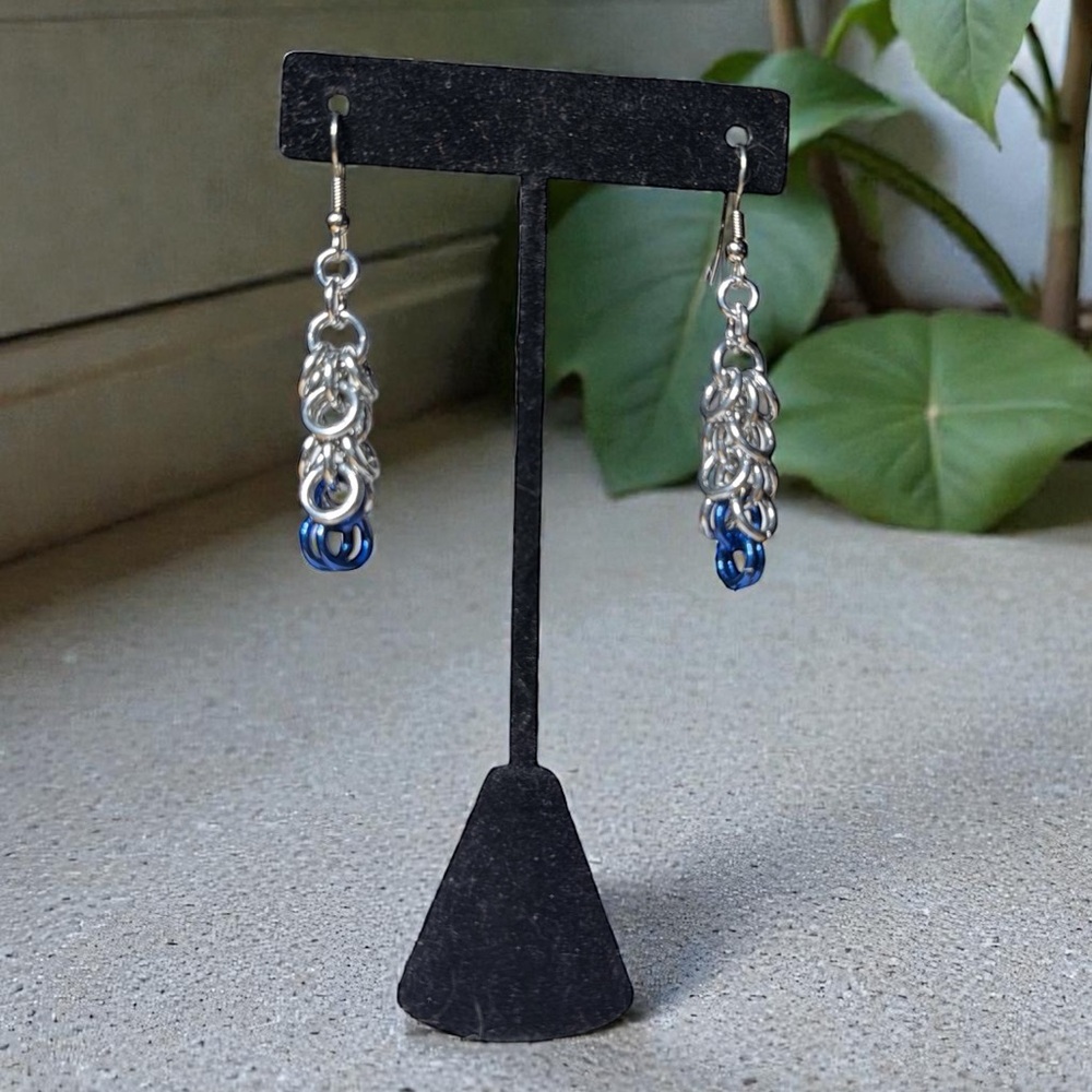 Aluminum Chainmail Silver with Blue Tips Dangle Earrings